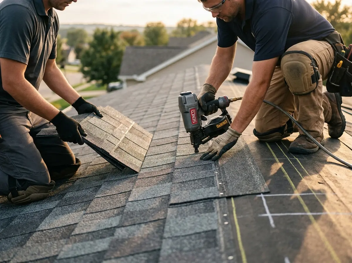 Professional roofer working on a residential roof in Island Park